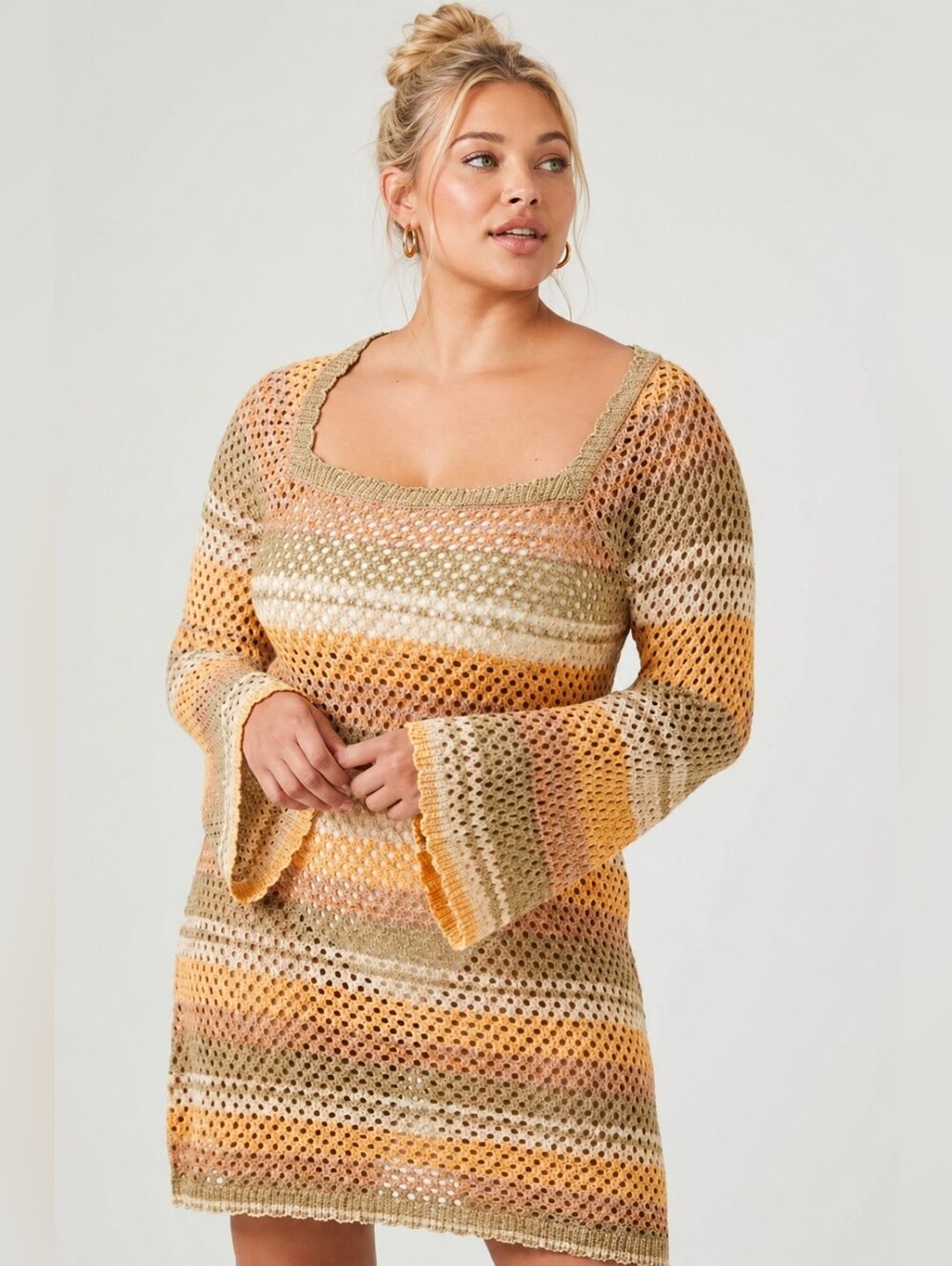 Forever 21 Boho Crochet Sweater Dress Juniors Size XL Bell Sleeve Open Knit Tan